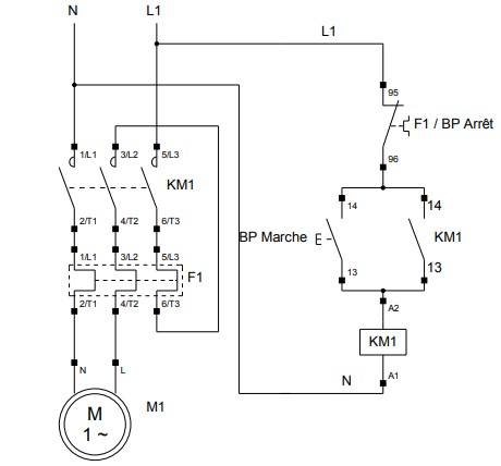 schéma de cablage Boitier de démarrage moteur avec relais thermique 220v